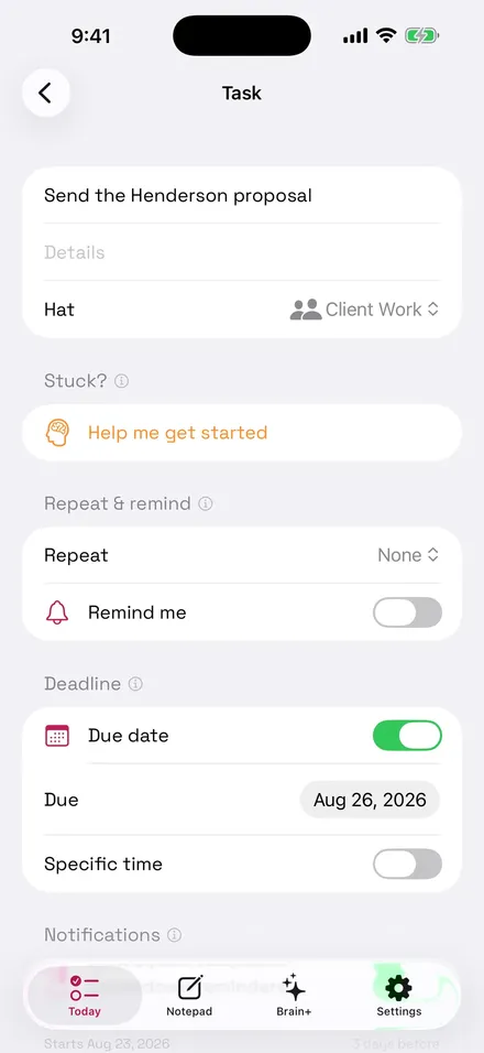 A task open in Business Brain with a Stuck? section and a Help me get started button under the title.