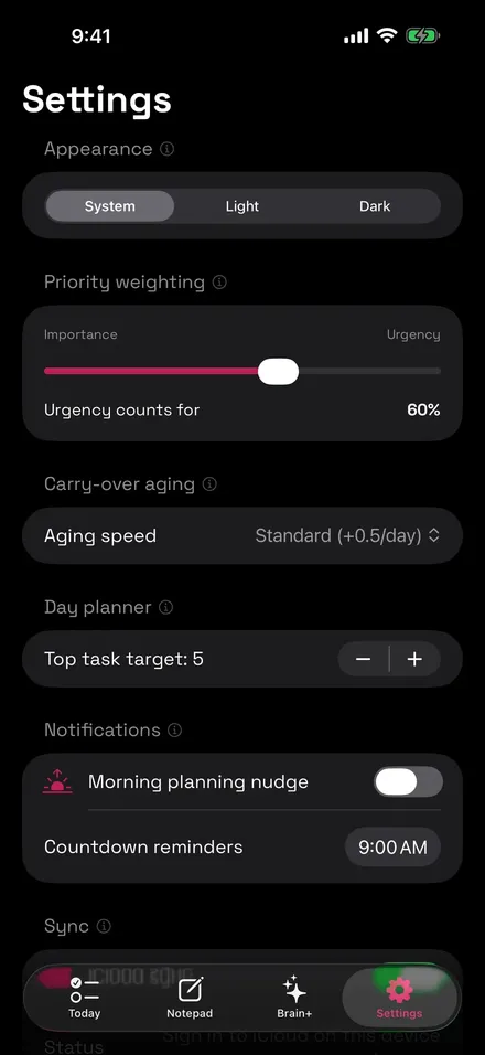The Settings screen showing a System, Light and Dark appearance picker, a priority weighting slider set to 60% urgency, and carry-over aging options.