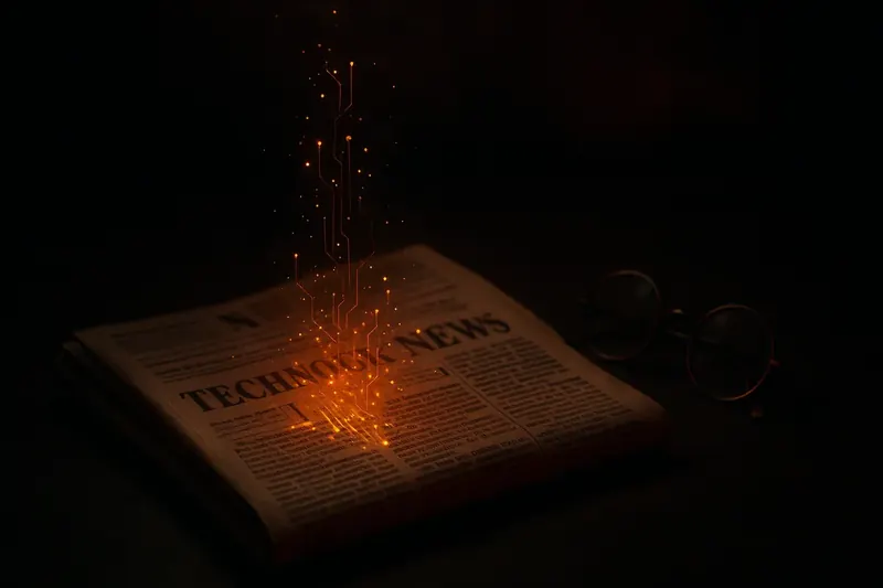 Newspaper on a dark desk with glowing circuit traces rising from the headline