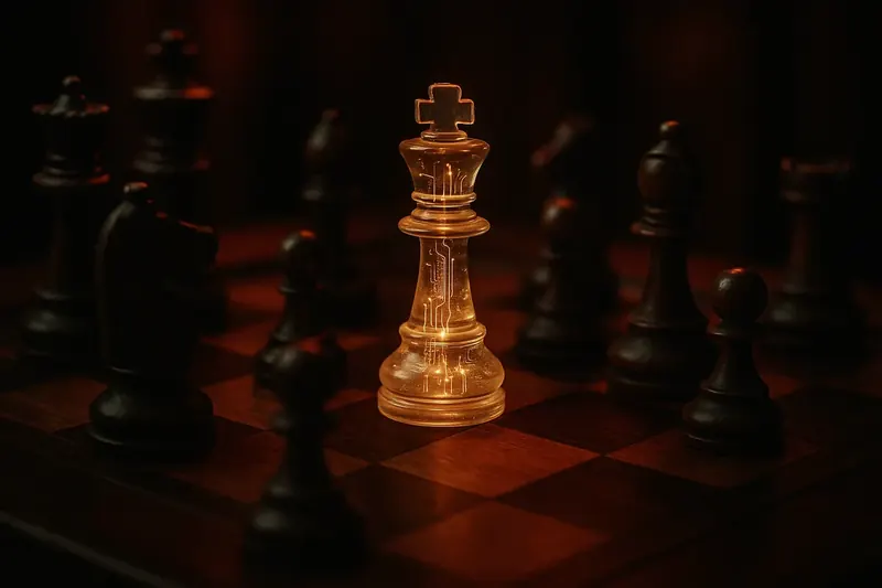 Chessboard with a glowing translucent circuit-etched king piece