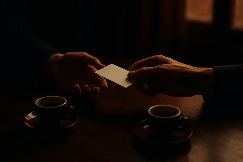 A business card being offered across a table over coffee