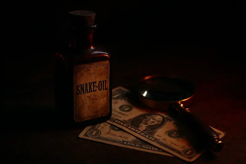 Vintage snake-oil bottle labeled SEO next to a magnifying glass and dollar bills