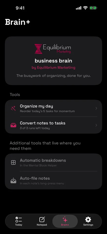 Brain+ screen listing the AI tools