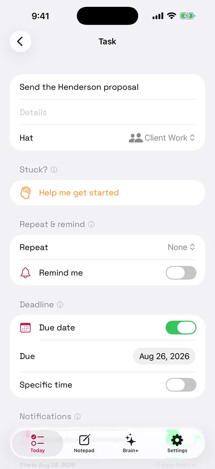 A task open in Business Brain with a Stuck? section and a Help me get started button under the title.