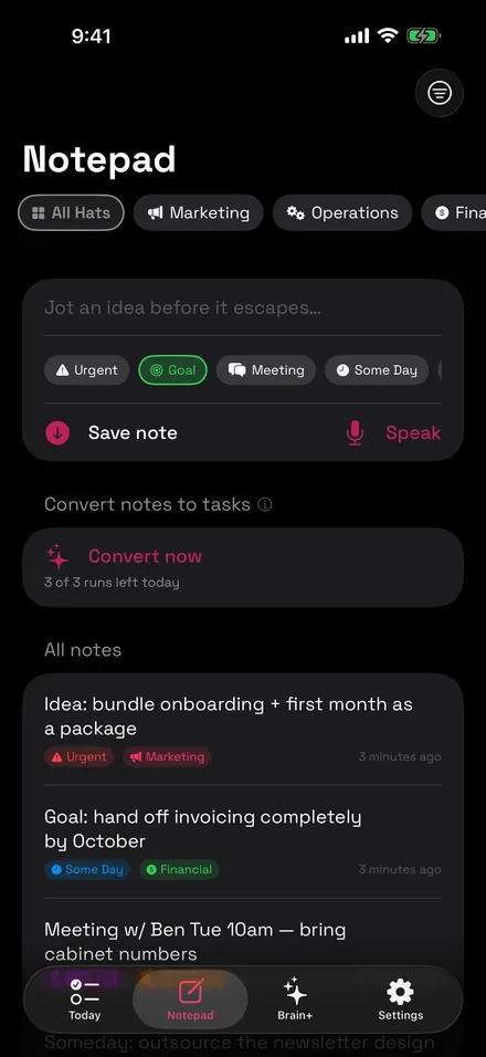 Notepad with tagged notes ready to convert into tasks