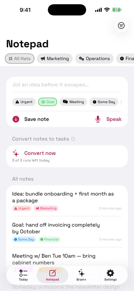 The Notepad screen with a note being typed, tag chips for Urgent, Goal, Meeting and Some Day, and a Convert notes to tasks button.