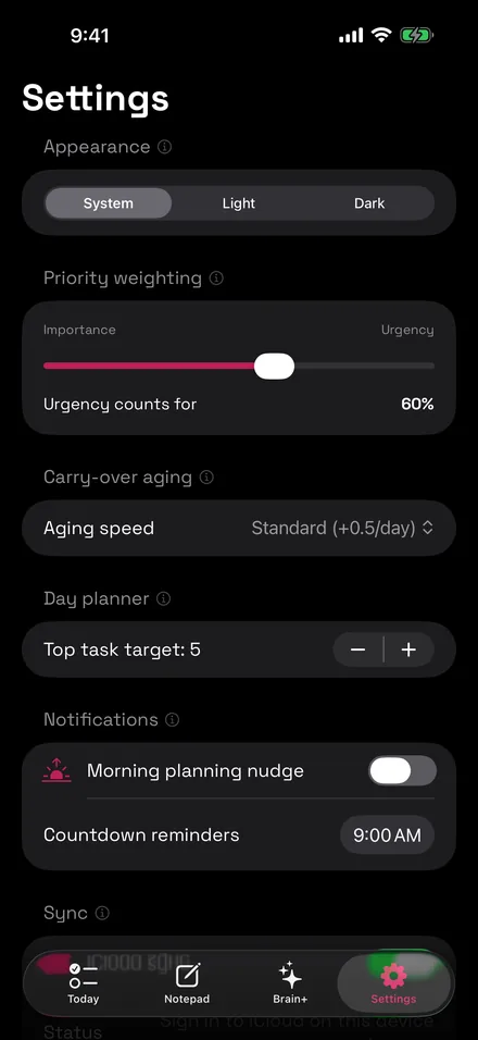 The Settings screen showing a System, Light and Dark appearance picker, a priority weighting slider set to 60% urgency, and carry-over aging options.