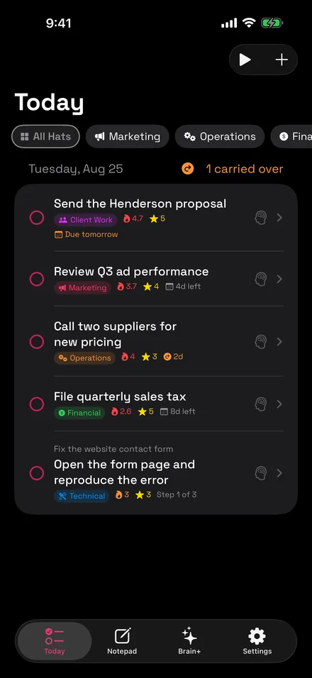 Business Brain Today screen showing a short ranked task list