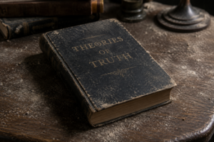 Dusty hardcover titled 'Theories of Truth' lying on a worn wooden table with other old books nearby.
